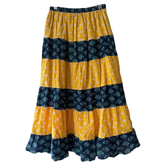SOLD Boho Cottage Tiered Maxi Skirt Size Small Medium Navy Blue Yellow - Picture 2 of 7